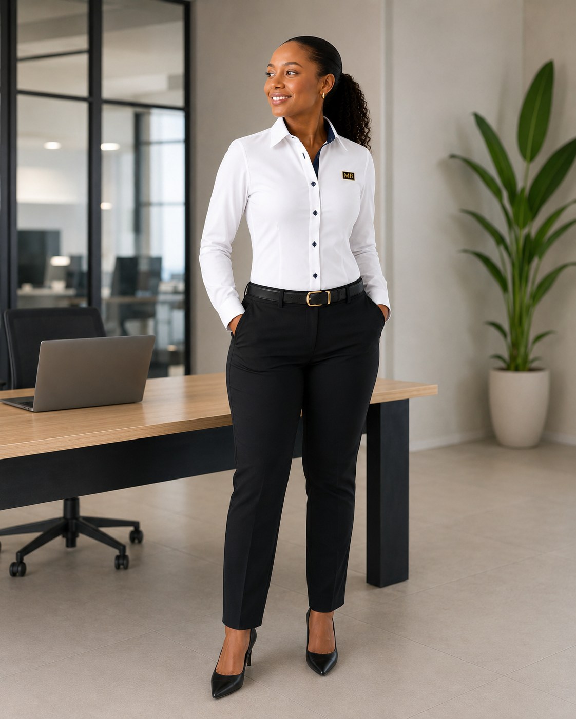 Corporate shirt and tailored trousers, fuller figure