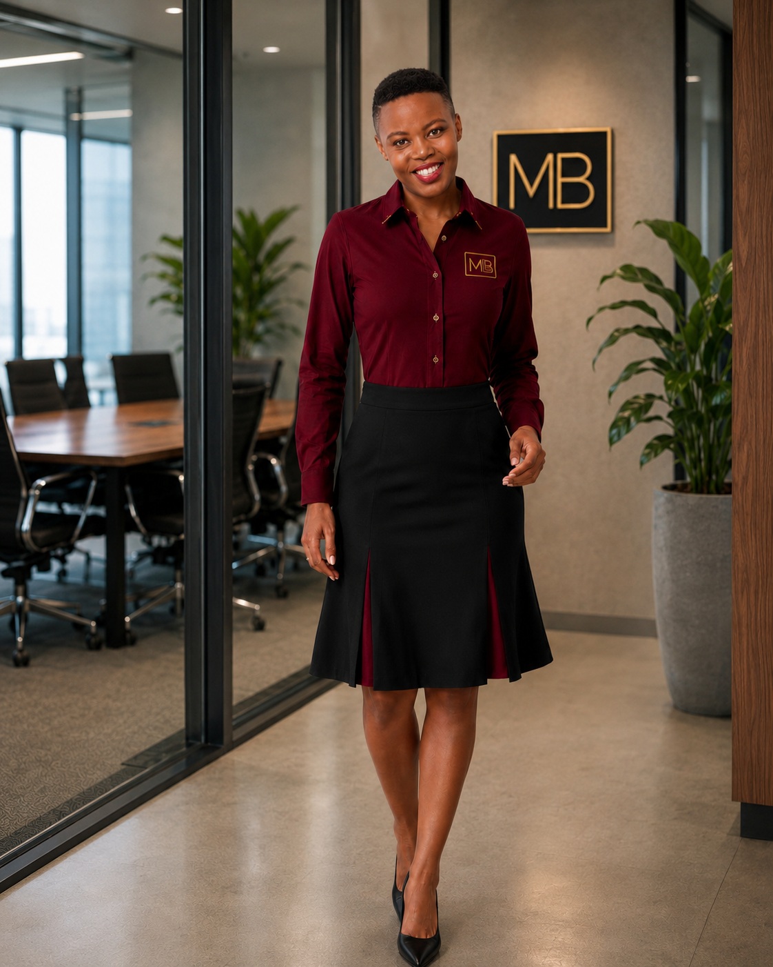 Mudita Brands corporate wear, burgundy with flair skirt